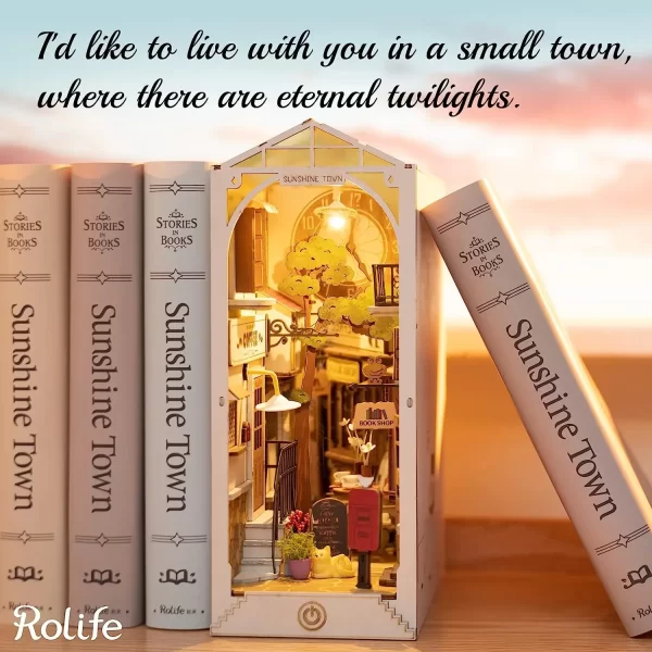 Rolife Wooden Puzzle Sunshine Town DIY Dollhouse Book Nook with LED Light for Bookshelf Insert Decor - TGB02 - Image 2