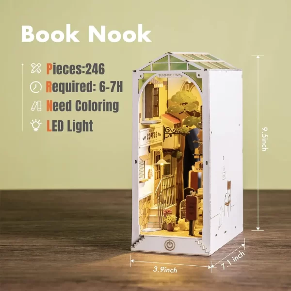 Rolife Wooden Puzzle Sunshine Town DIY Dollhouse Book Nook with LED Light for Bookshelf Insert Decor - TGB02 - Image 4