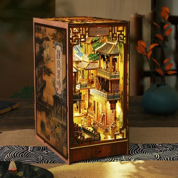 DIY Book Nook Wooden Miniature Model Kit Chinese Ancient Town Bookend Assembled 3D Puzzle Bookshelf Home Decor Friends Gifts - Image 5