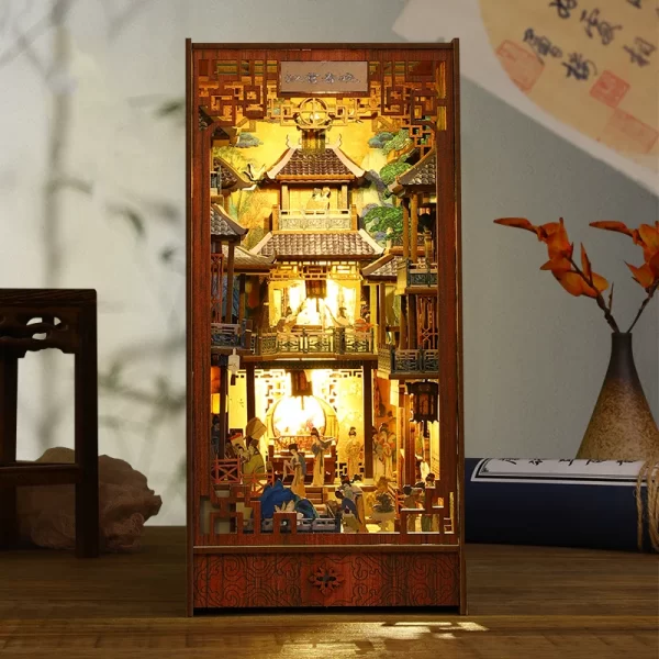 DIY Book Nook Wooden Miniature Model Kit Chinese Ancient Town Bookend Assembled 3D Puzzle Bookshelf Home Decor Friends Gifts - Image 3