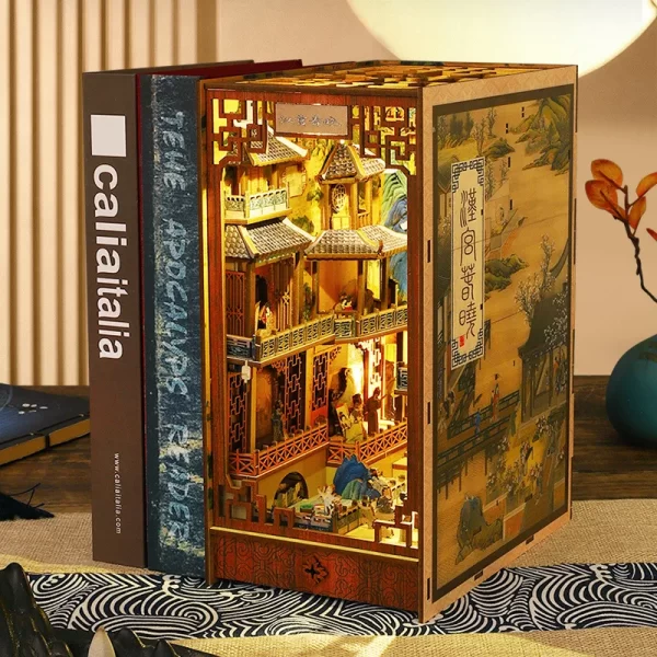 DIY Book Nook Wooden Miniature Model Kit Chinese Ancient Town Bookend Assembled 3D Puzzle Bookshelf Home Decor Friends Gifts - Image 4