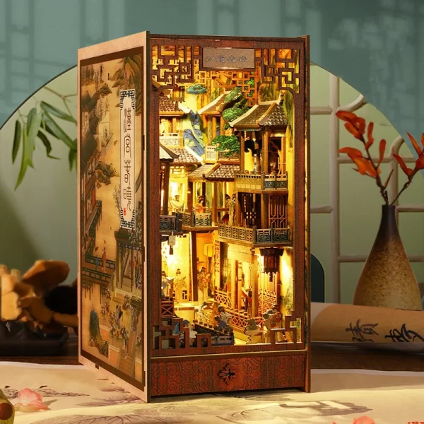 DIY Book Nook Wooden Miniature Model Kit Chinese Ancient Town Bookend Assembled 3D Puzzle Bookshelf Home Decor Friends Gifts - Image 2